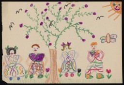 Child’s colorful crayon drawing. Four female presenting figures gather around a tall plant. There is a bright sun with a smile, a butterfly, colorful tulips and w shaped birds.